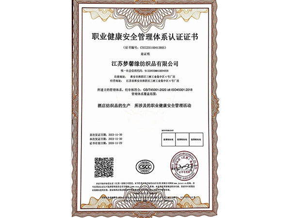 职业健康安全管理体系认证证书
